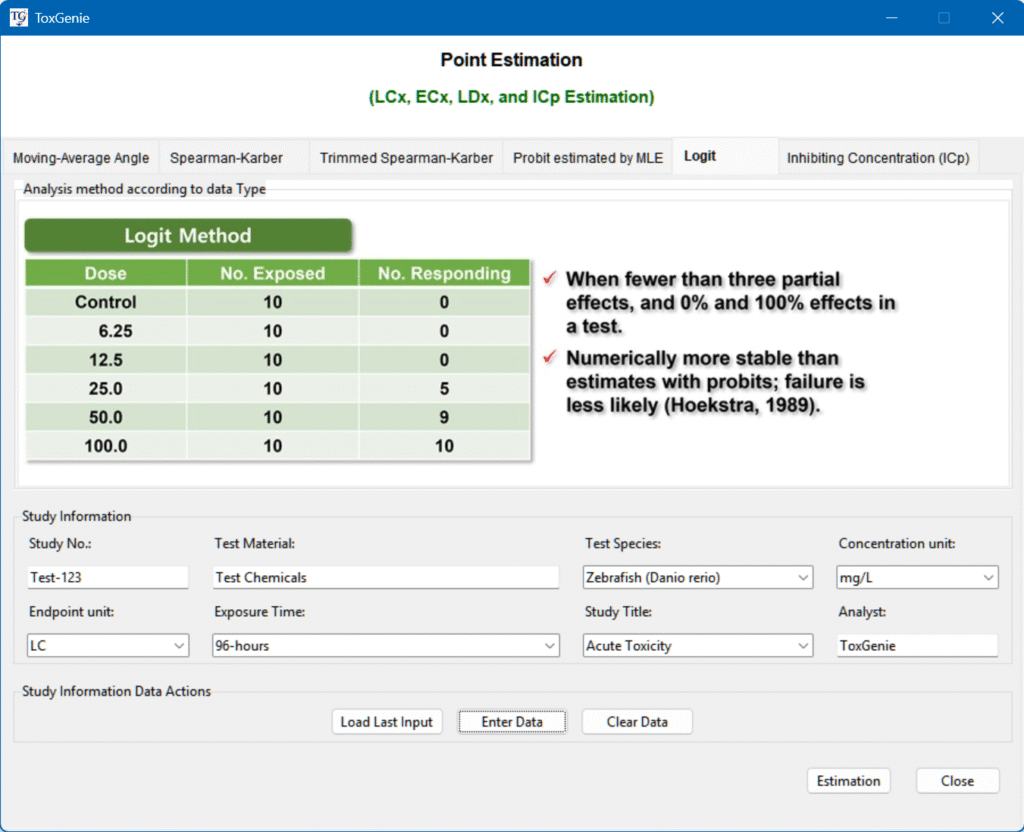 Calculate LC50, EC50, LD50 with 95% confidence intervals for acute and chronic toxicity tests.