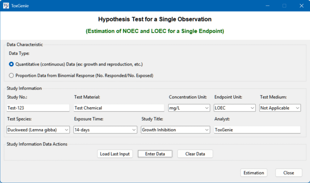Estimation of NOEC and LOEC for a Single Observation