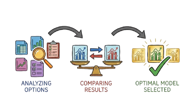 Diagram showing three stages of manual statistical model selection — analyzing options, comparing results, selecting optimal model — illustrating the time-consuming process that ToxGenie automates for toxicity endpoint calculation