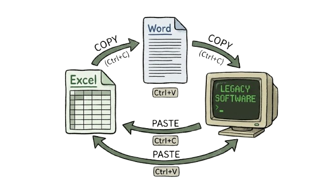 Diagram showing repetitive copy-paste workflow between Excel, Word, and legacy statistical software for preparing toxicity study tables, graphs, and regulatory reports — a workflow ToxGenie consolidates into one platform.