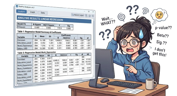 Illustration showing a researcher confused by complex statistical output tables -representing the challenge of manual toxicity data analysis without dedicated software