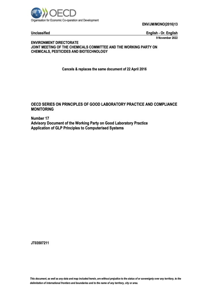 OECD GLP 10 for computerised systems, representing the regulatory standards satisfied by the GLP Validation Kit included in the Professional ToxGenie Pricing plan.