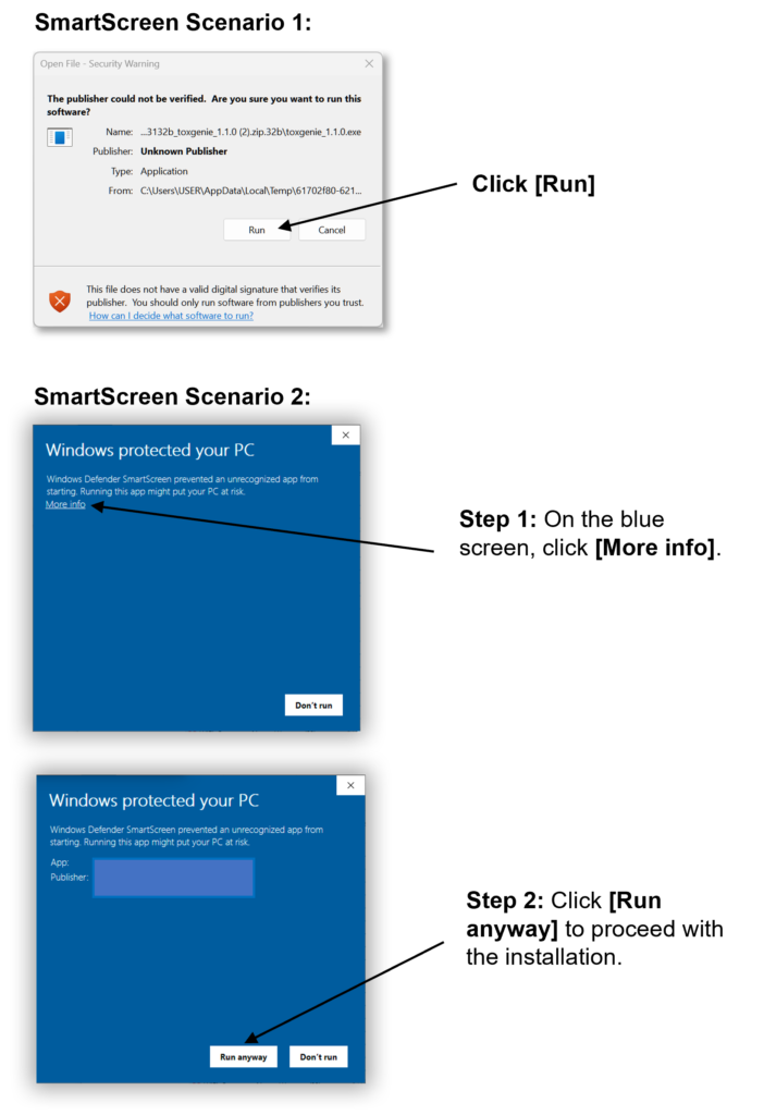 Toxgenie Support guide for Windows SmartScreen installation steps: instructions to click Run, More info, and Run anyway.