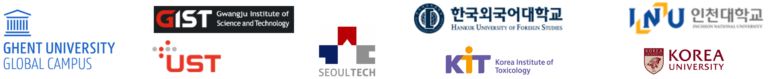 Logos of institutions using ToxGenie: Ghent University Global Campus, GIST, Hankuk University of Foreign Studies, Incheon National University, UST, Korea Institute of Toxicology, and Korea University, Seoul Tech.