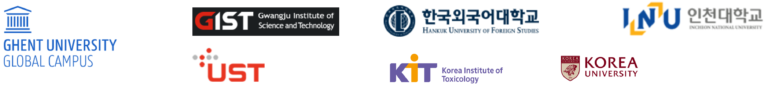 Logos of institutions using ToxGenie: Ghent University Global Campus, GIST, Hankuk University of Foreign Studies, Incheon National University, UST, Korea Institute of Toxicology, and Korea University