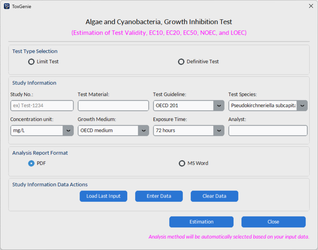 ToxGenie features: 2-step toxicity data analysis workflow: Data entry and analysis method selection guide.