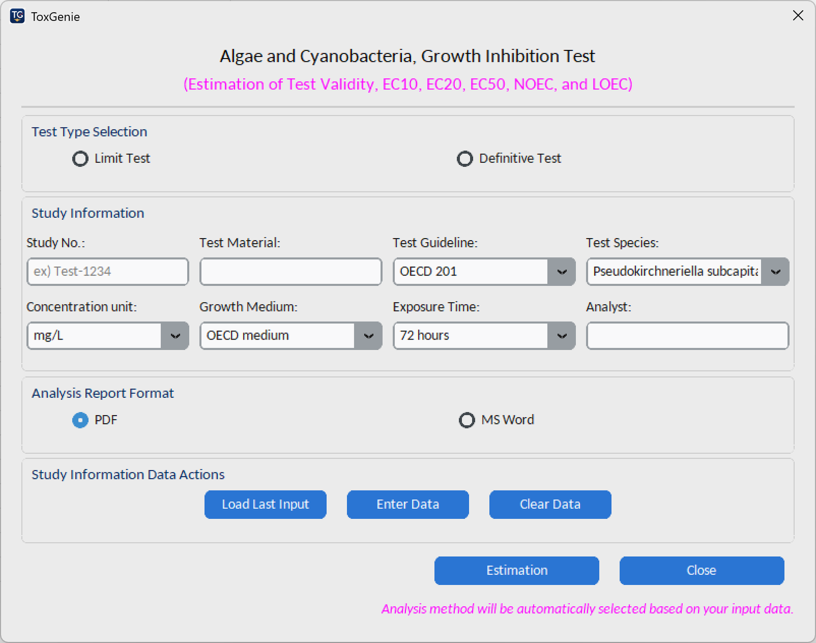ToxGenie features: ToxGenie Algae and Cyanobacteria Growth Inhibition Test window, OECD TG 201, Limit or Definitive Test