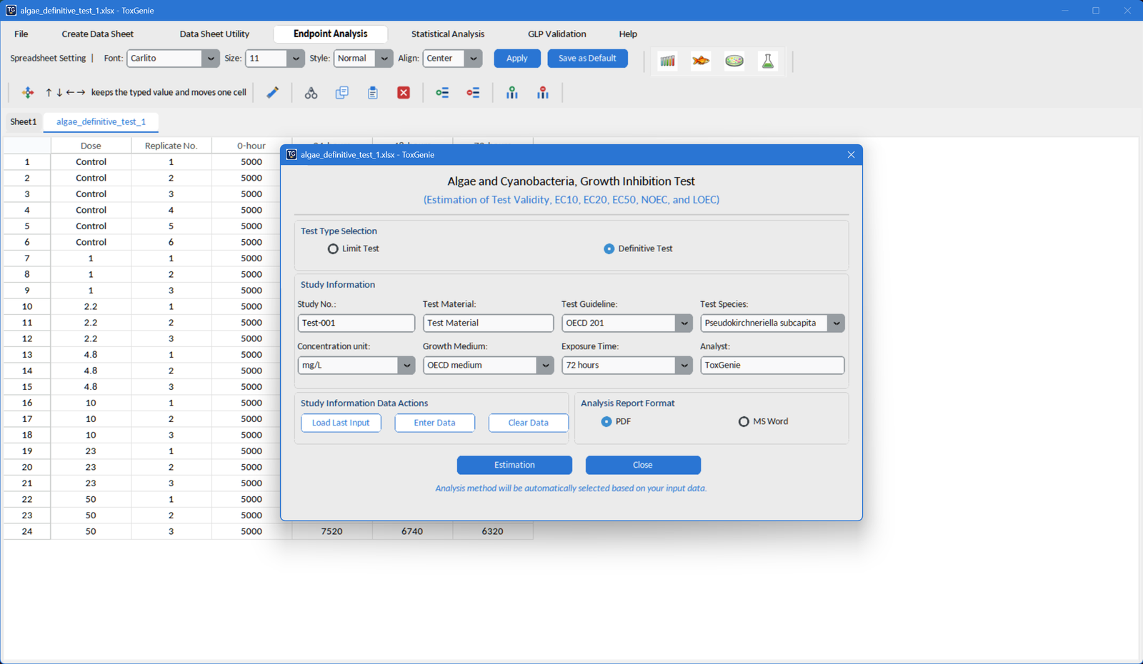 ToxGenie features: ToxGenie data sheet and analysis step, ready to analyze